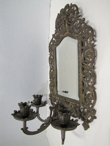 BRADLEY & HUBBARD Antique Victorian Bevel Edge Mirror Triple Candle Holder B&H