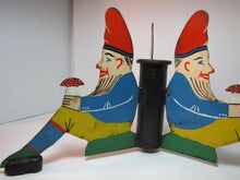 Load image into Gallery viewer, Antique Three Gnomes Christmas Tree Pole Stand hand painted metal wooden shoes
