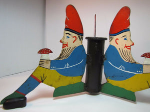 Antique Three Gnomes Christmas Tree Pole Stand hand painted metal wooden shoes