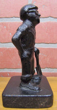 Load image into Gallery viewer, Old Cast Iron FOUNDRY WORKER COAL MINER Figural Doorstop Hat Goggles Shovel
