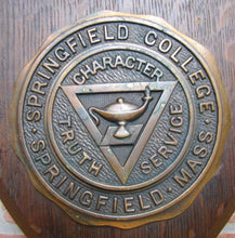 Load image into Gallery viewer, Old SPRINGFIELD COLLEGE MASS Plaque Sign CHARACTER TRUTH SERVICE Wood Metal
