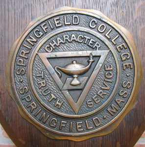 Old SPRINGFIELD COLLEGE MASS Plaque Sign CHARACTER TRUTH SERVICE Wood Metal