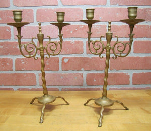 Antique Bronze Candlesticks Unique Swirl Scroll Pair Double Candle Holders