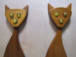 Mid Century Wooden Decorative Wall Art Siamese Cats Plaques Marble Eyes Mouth