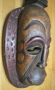 Old African Mask Wood Carved Wall Art Plaque Statue Large Face Man Sitting Atop