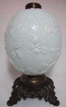 Load image into Gallery viewer, Antique 19c Victorian Milk Glass Spider Web Oil Lamp FG Co cast iron base ornate
