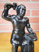 Load image into Gallery viewer, BLACKSMITH FOUNDRY IRON WORKER w ANVIL Antique Cast Iron Doorstop Bookend Statue
