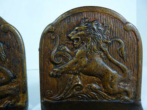 MAJESTIC LIONS Antique Cast Iron Bookends Ornate High Relief Decorative Arts