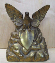 Load image into Gallery viewer, Old Brass Eagle Doorstop large heavy spread winged shield perched on rocks Art
