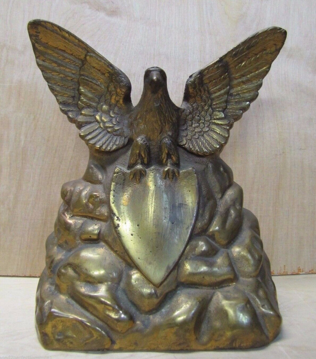Old Brass Eagle Doorstop large heavy spread winged shield perched on rocks Art