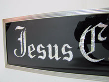 Load image into Gallery viewer, JESUS CARES Sign Glass Front Foil Design Lettering Deco Tin Bevel Frame
