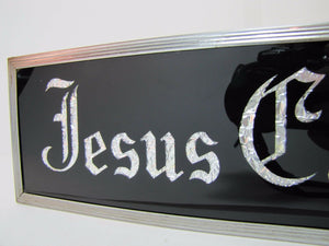 JESUS CARES Sign Glass Front Foil Design Lettering Deco Tin Bevel Frame