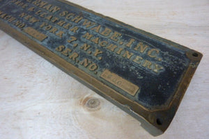 HERMAN SCHWABE SHOE & LEATHER MACHINERY NEW YORK Old Thick Brass Nameplate Sign