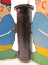 Load image into Gallery viewer, Antique Three Gnomes Christmas Tree Pole Stand hand painted metal wooden shoes

