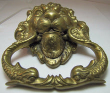 Load image into Gallery viewer, Old Brass Figural Lions Head Dauphin Koi Door Pull ornate architectural hardware
