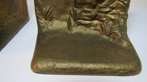 Antique Cast Iron LIONS HEAD FOUNTAIN Well Landscape Bookends Old Gold Paint