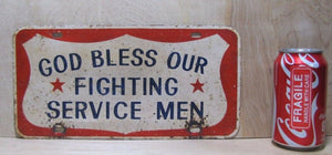 GOD BLESS OUR FIGHTING SERVICE MEN Old Vanity License Plate Red White Blue Metal