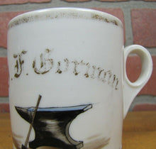 Load image into Gallery viewer, Antique BLACKSMITH ANVIL Occupational Shaving Mug Hand Painted Porcelain
