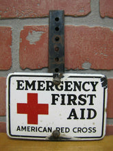 Load image into Gallery viewer, Old Porcelain AMERICAN RED CROSS EMERGENCY FIRST AID Sign Plate Topper Ad
