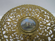 Load image into Gallery viewer, ANTIQUE Decorative Arts Brass COMPOTE Centerpiece Dish Painted ROG Medallion
