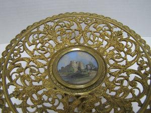 ANTIQUE Decorative Arts Brass COMPOTE Centerpiece Dish Painted ROG Medallion