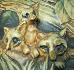Orig Old WELLER WOODCRAFT FOXES 3 Cubs Decorative Art Vase Flower Frog Planter