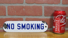Load image into Gallery viewer, Old Porcelain NO SMOKING Sign Gas Station Repair Shop Industrial Blue White
