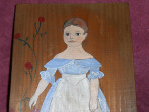Folk Art Painting GIRL PICKING FLOWERS on Plank 19c depiction LINDA BROOK BAXTER