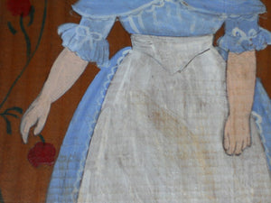 Folk Art Painting GIRL PICKING FLOWERS on Plank 19c depiction LINDA BROOK BAXTER