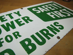 SAFETY SHOWER FOR ACID BURNS Old Porcelain Sign SAFETY FIRST Industrial Shop Lab