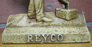 Antique Cast Iron Foundry Worker Doorstop 'REYCO' Man Pouring Mold Door Stop