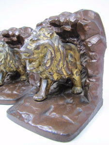 1920s LION IN CAVE Bookends JUDD Co Figural Cast Iron Decorative Art Book Ends