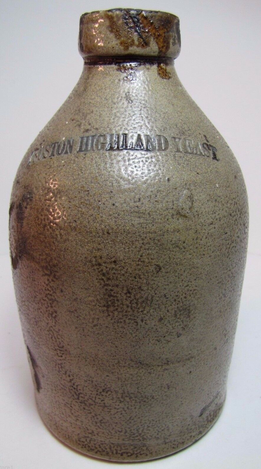 BOSTON HIGHLAND YEAST Antique Small Stoneware Pottery Jug Impressed Lettering