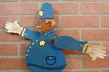 Load image into Gallery viewer, POLICEMAN WHIRLIGIG Old Folk Art Wooden Moustache Hat Badge Striped Socks Gloves
