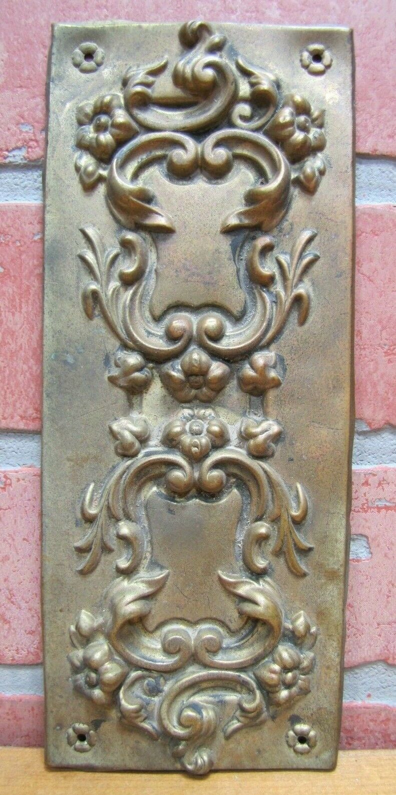 Antique Door Push Plate Ornate high relief Flowers Vines Scrollwork thin Brass