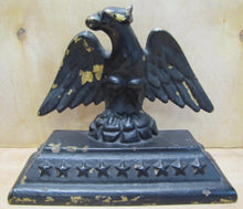Load image into Gallery viewer, Old Cast Iron Eagle Doorstop spread wings feathers thirteen stars bevel base

