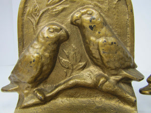 Antique LOVE BIRDS Cast Iron Bookends Pair Birds Sitting Branch Decorative Arts
