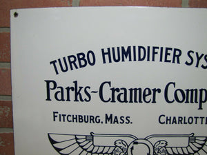 PARKS-CRAMER Co TURBO HUMIDIFIER SYSTEM Antique Porcelain Sign Made in USA Logo