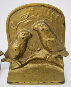 Antique LOVE BIRDS Cast Iron Bookends Pair Birds Sitting Branch Decorative Arts