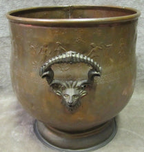 Load image into Gallery viewer, Old Copper Brass Planter Urn Figural Goat Handles Nymphs Fairies Dancing Flowers

