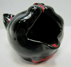 Mid Century Black Kitty Kat Head Figural Redware Pottery Ashtray Incense Burner