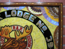Load image into Gallery viewer, LOYAL ORDER OF MOOSE NORFOLK Old Folk Art Butterfly Wings Marquetry Plaque Sign

