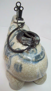 Elephant Old Asian Porcelain Op Pipe Oil Lamp unusual thin metal handle tool top