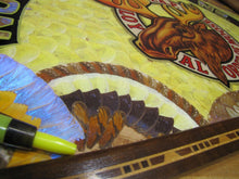 Load image into Gallery viewer, LOYAL ORDER OF MOOSE NORFOLK Old Folk Art Butterfly Wings Marquetry Plaque Sign
