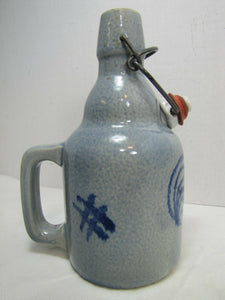 M R Pottery Blue Design Beer Bottle white porcelain top lid side handle