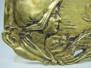 Maiden Bonnet Sailing Ship Ocean Fish Old Brass Tray Ashtray Card Tip Trinket