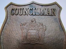 Load image into Gallery viewer, COUNCILMAN PARAMUS NJ Old Brass Plaque Embossed Badge Sign Ad New Jersey
