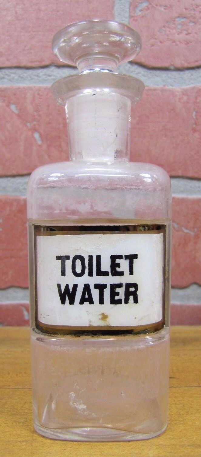 Antique TOILET WATER Reverse Label Behind Glass Apothecary Bottle Drug Store Ad