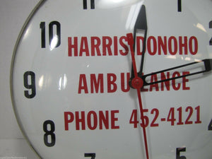 HARRIS DONOHO AMBULANCE Old Advertising Clock Bowed Glass EMT Rescue Ad Sign USA