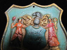 Load image into Gallery viewer, Old Cast Iron State of New Jersey Crest Plaque old paint nice detail throughout
